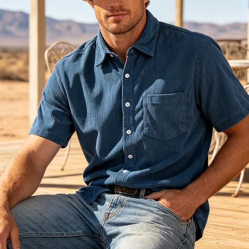Lässiges Kurzarm-Cordhemd für Herren im Stil der 90er Jahre - Blau - 3XL - image 0
