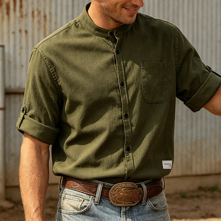 Minimalistisches Cordhemd für Herren mit Stehkragen und Knopfleiste - Armeegrün - 5XL - image 4