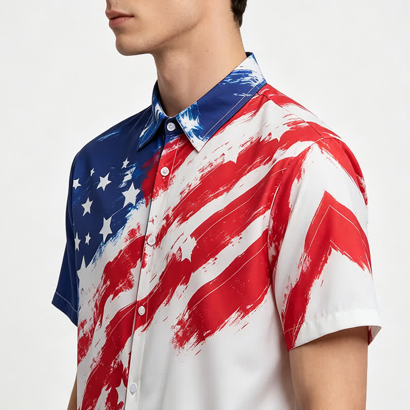 Kurzarmhemd im Vintage-Stil mit Pinselstrich-Print der amerikanischen Flagge - image 3
