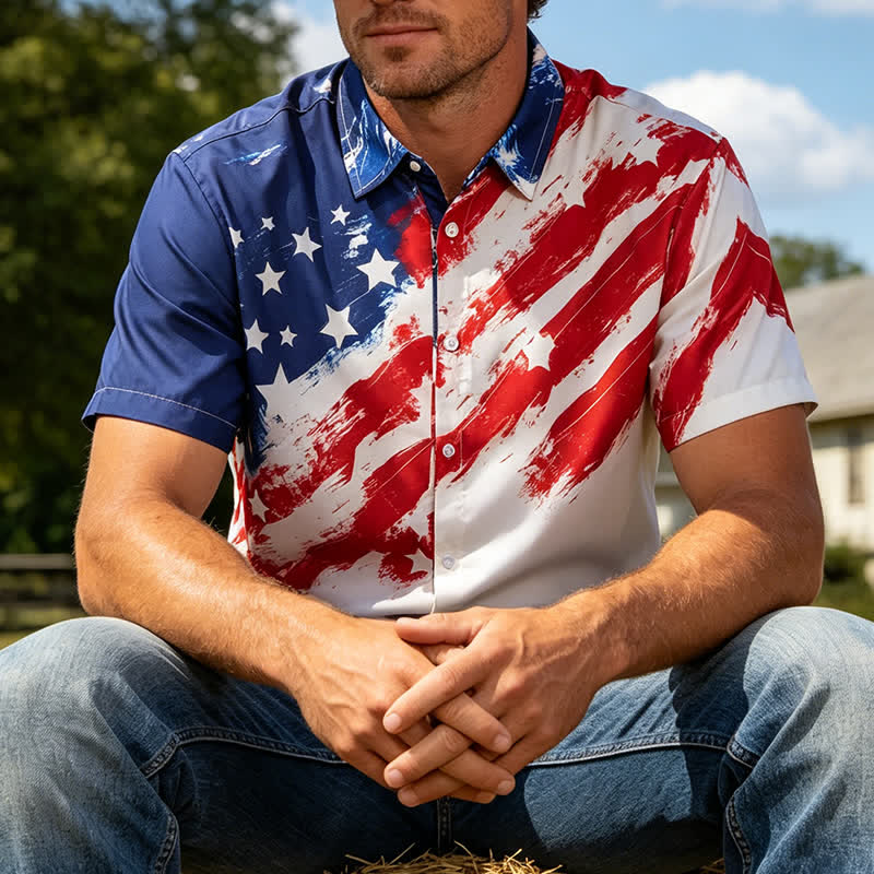 Kurzarmhemd im Vintage-Stil mit Pinselstrich-Print der amerikanischen Flagge - Rot & Blau - 4XL - image 0