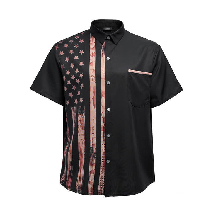 Retro-Kurzarmhemd mit US-Flagge in Schwarz und Beige im Used-Look - image 10