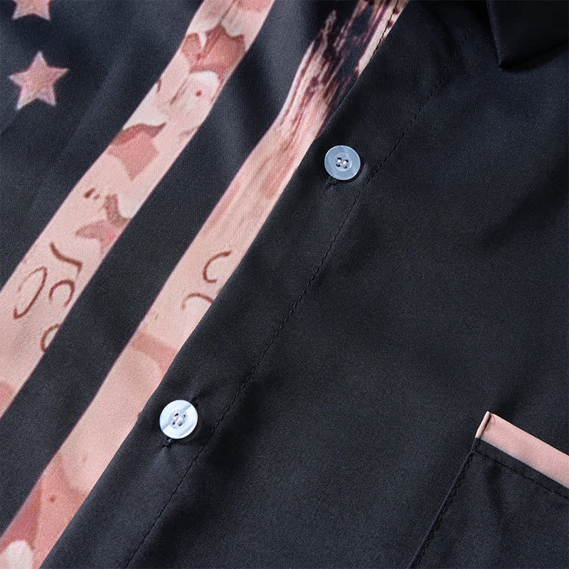 Retro-Kurzarmhemd mit US-Flagge in Schwarz und Beige im Used-Look - image 6