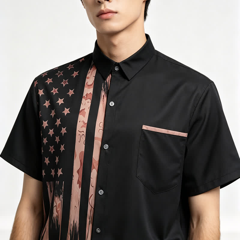 Retro-Kurzarmhemd mit US-Flagge in Schwarz und Beige im Used-Look - image 1