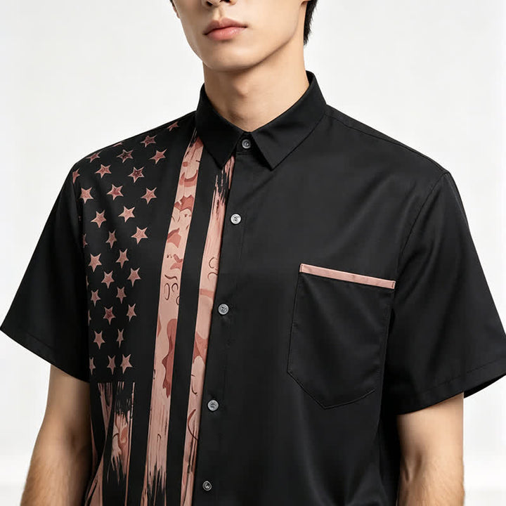 Retro-Kurzarmhemd mit US-Flagge in Schwarz und Beige im Used-Look - image 1