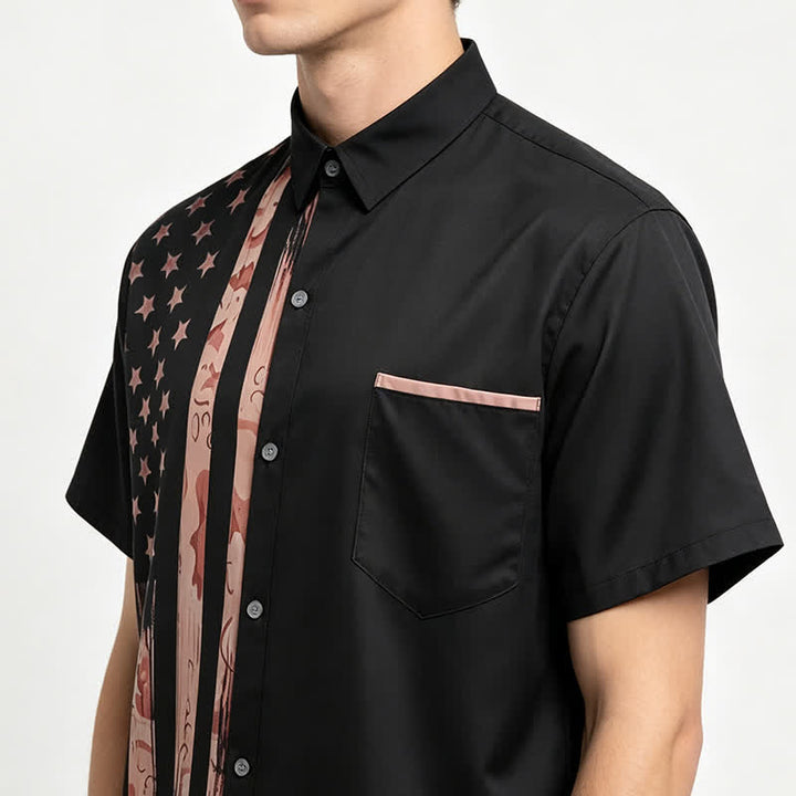 Retro-Kurzarmhemd mit US-Flagge in Schwarz und Beige im Used-Look - image 3