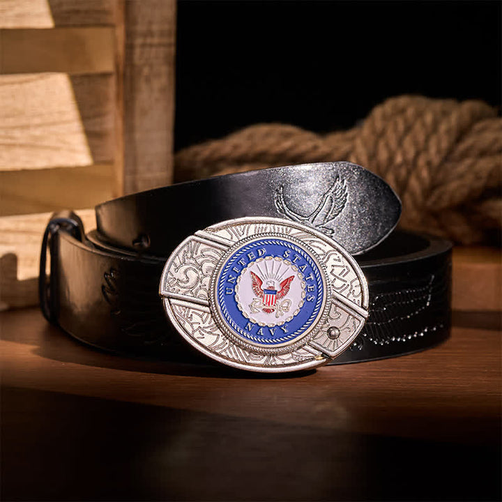 US Navy Adler & Anker Abzeichen DIY Verstecktes Klappmesser Schnalle Ledergürtel - Adler und Anker - Schwarzer Gürtel mit Adlerprägung - 42 - image 2