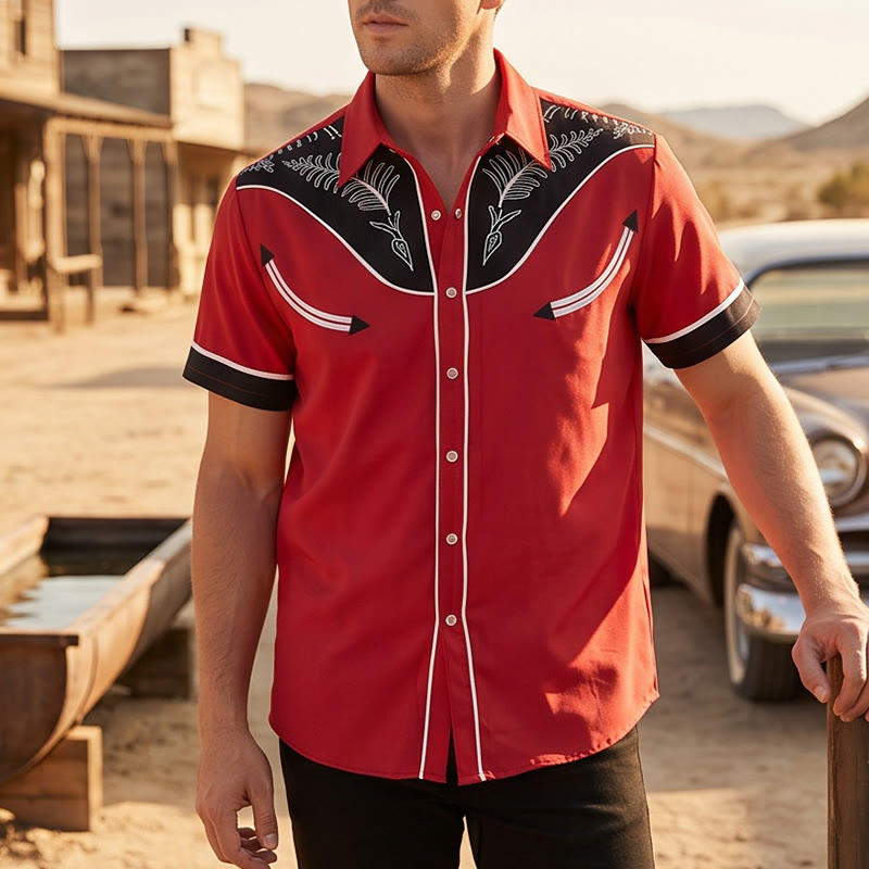 Herren-Kurzarmhemd im Westernstil mit Print und Knöpfen - Rot - 5XL - image 0