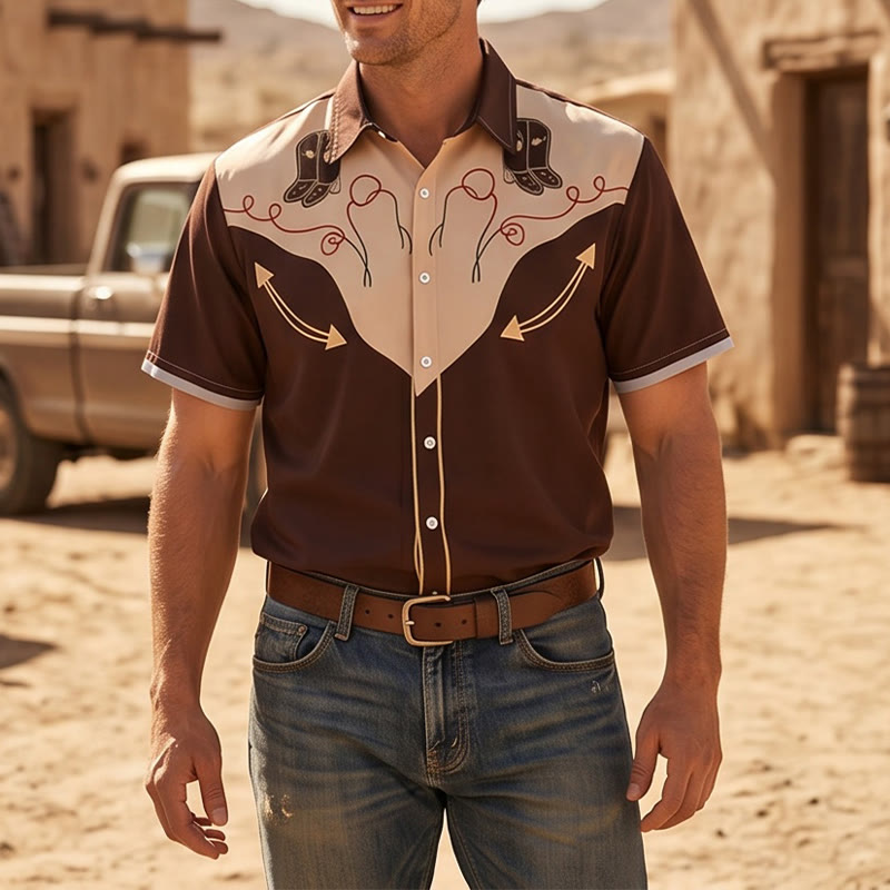 Herren-Retro-Westernhemd mit Cowboy-Stiefel-Print, Kurzarm - Braun - 5XL - image 0