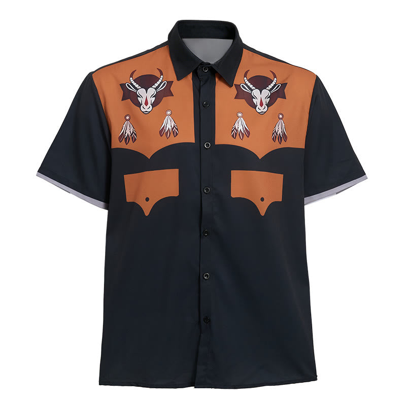 Kurzarmhemd im Western-Stil mit Ziegenkopf-Federprint für Herren - image 9