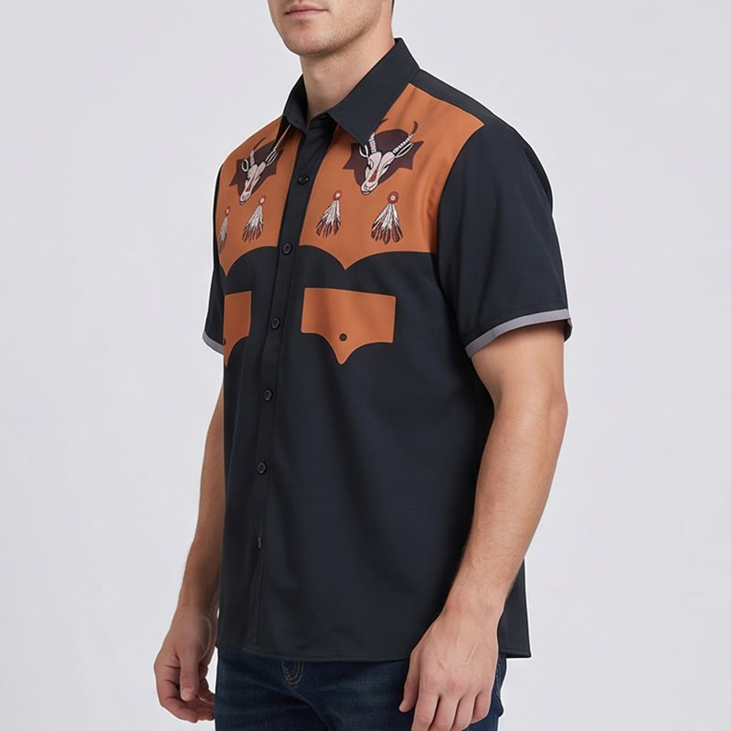 Kurzarmhemd im Western-Stil mit Ziegenkopf-Federprint für Herren - image 2