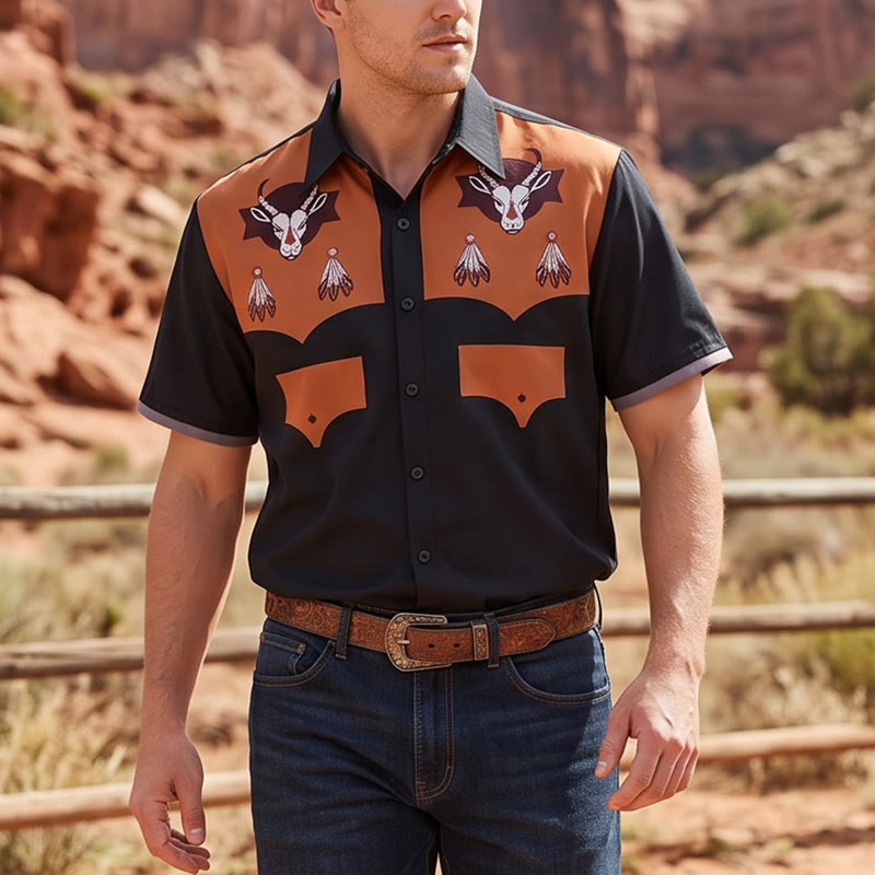Kurzarmhemd im Western-Stil mit Ziegenkopf-Federprint für Herren - Schwarz - 5XL - image 0