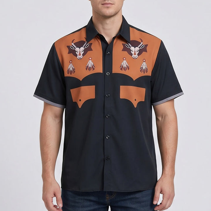 Kurzarmhemd im Western-Stil mit Ziegenkopf-Federprint für Herren - image 1