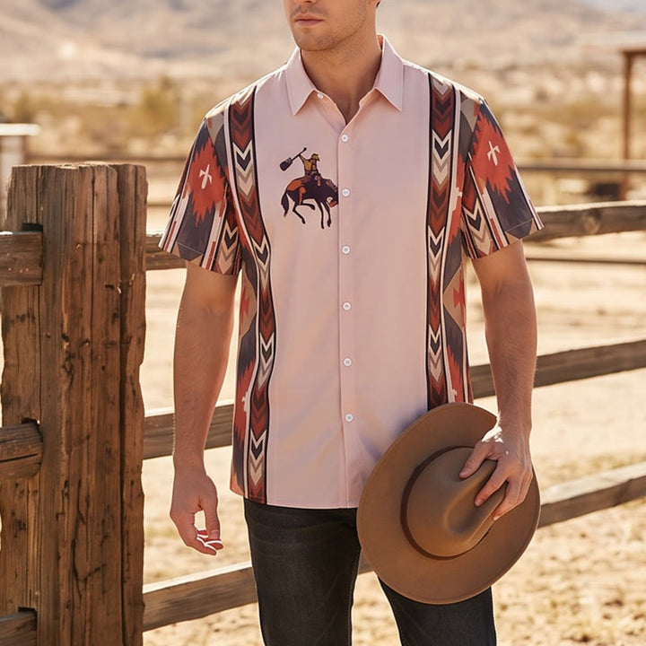 Herren-Freizeithemd mit Vintage-Cowboy-Rodeo-Print und kurzen Ärmeln - Rosa - 5XL - image 0