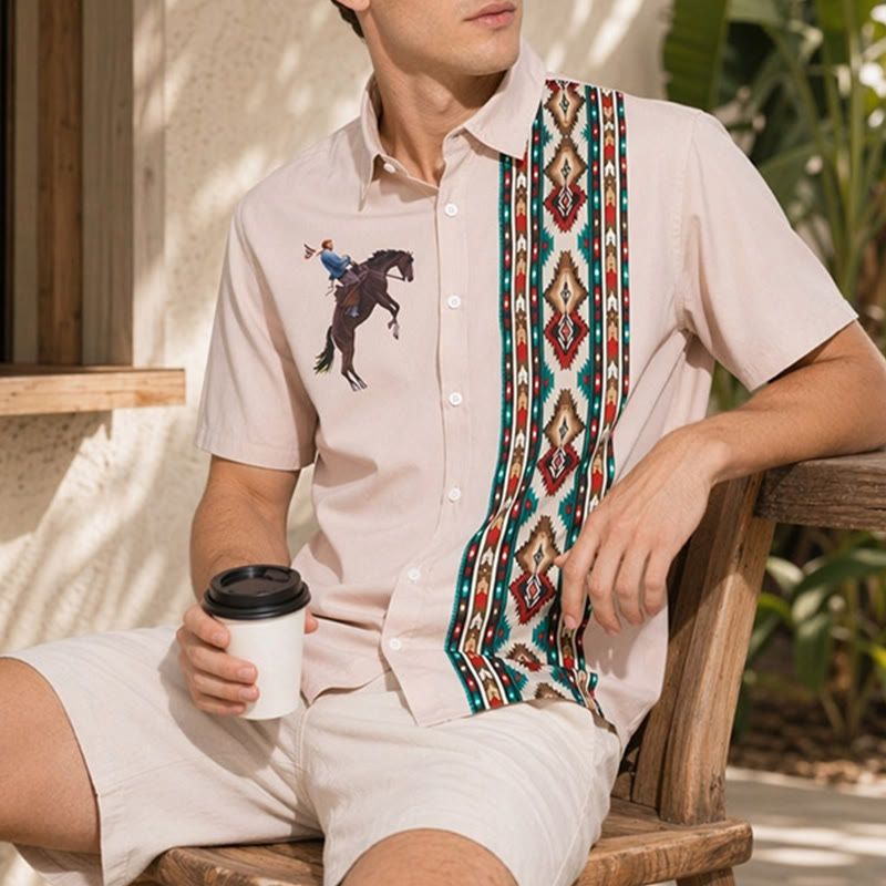 Lässiges Kurzarmhemd mit Western-Pferdeprint für Herren - Rosa - 5XL - image 0