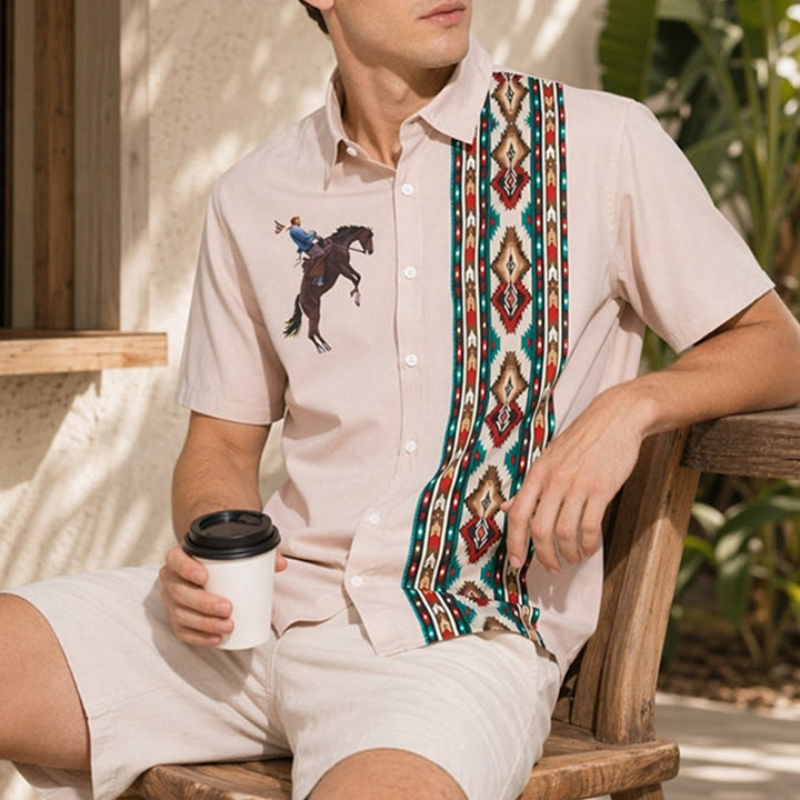 Lässiges Kurzarmhemd mit Western-Pferdeprint für Herren - Rosa - 5XL - image 0