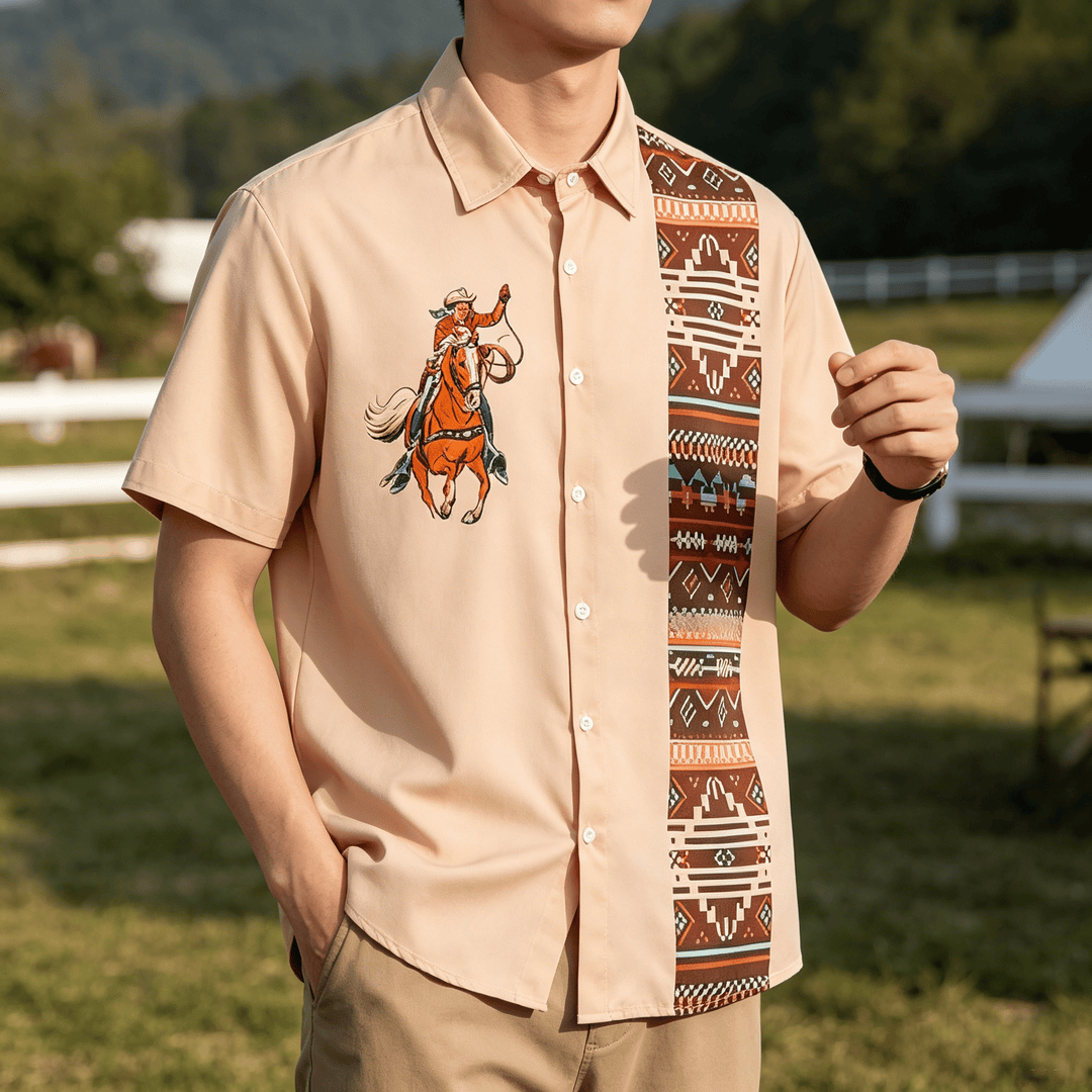 Herren-Freizeithemd mit Vintage-Lasso-Cowboy-Print und kurzen Ärmeln - Rosa - 5XL - image 0
