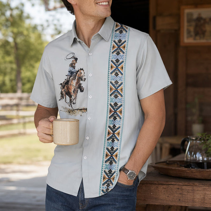 Grünes Herren-Freizeithemd mit Lasso-Cowboy-Print und kurzen Ärmeln - Hellgrün - 5XL - image 0