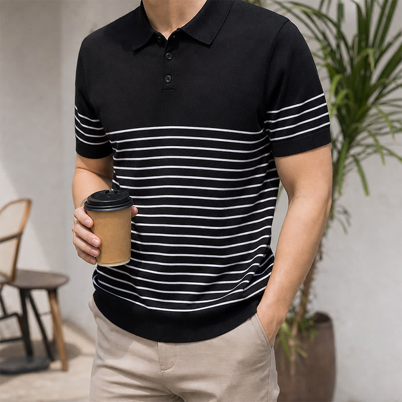 Herren-Poloshirt aus Strick, gestreift, Kurzarm, normale Passform - Schwarz - 3XL - image 4