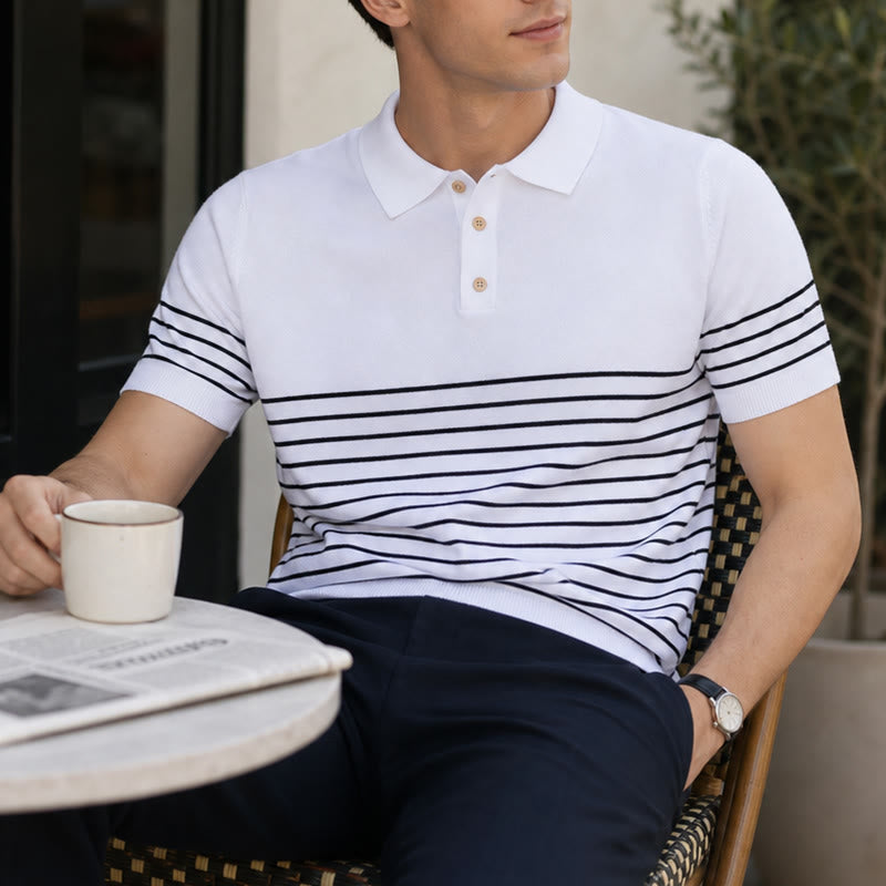 Herren-Poloshirt aus Strick, gestreift, Kurzarm, normale Passform - Weiß - 3XL - image 0