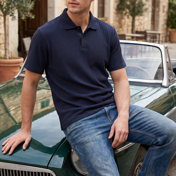 Atmungsaktives, strukturiertes Strick-Poloshirt für Herren mit lockerer Passform - Marineblau - 3XL - image 8
