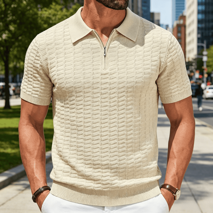 Poloshirt für Herren mit Waffelstrick, halbem Reißverschluss und kurzen Ärmeln - Aprikose - 3XL - image 5