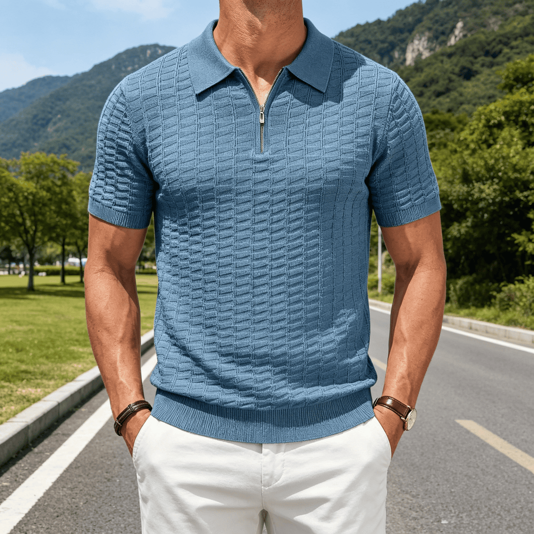 Poloshirt für Herren mit Waffelstrick, halbem Reißverschluss und kurzen Ärmeln - Blau - 3XL - image 4