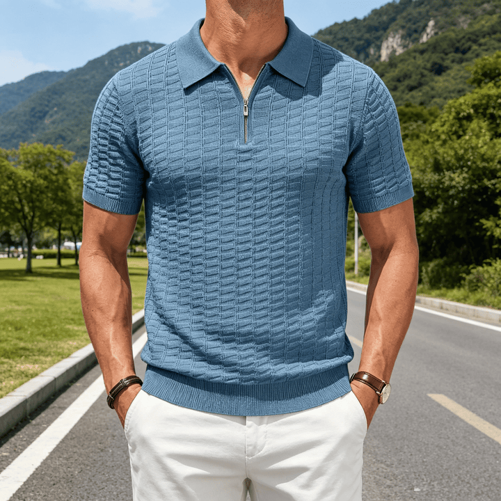 Poloshirt für Herren mit Waffelstrick, halbem Reißverschluss und kurzen Ärmeln - Blau - 3XL - image 4