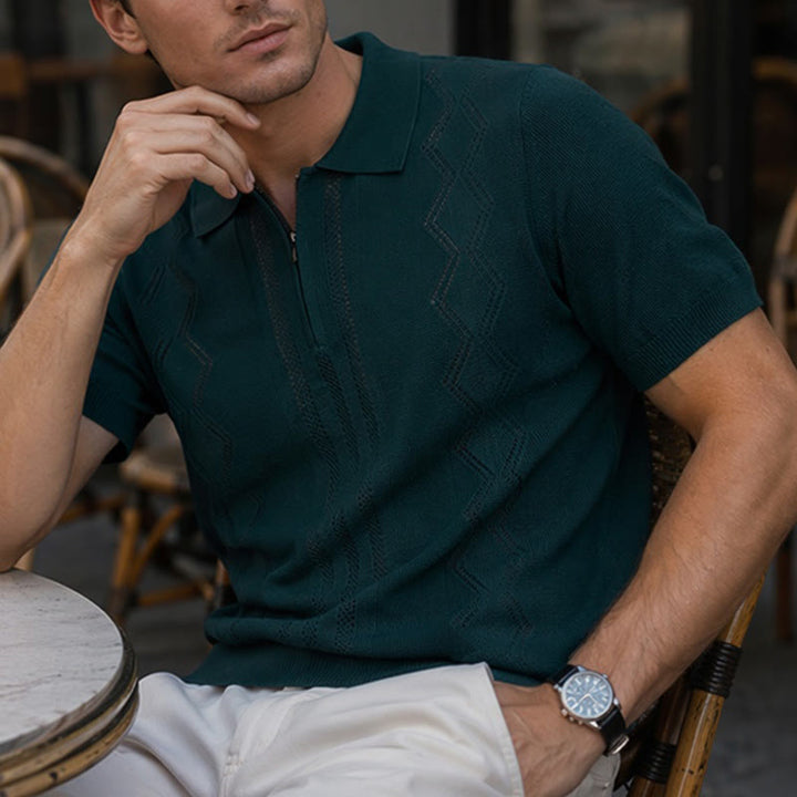 Herren-Poloshirt mit halbem Reißverschluss und kurzen Ärmeln, geometrischem Strickmuster - Grün - 3XL - image 4