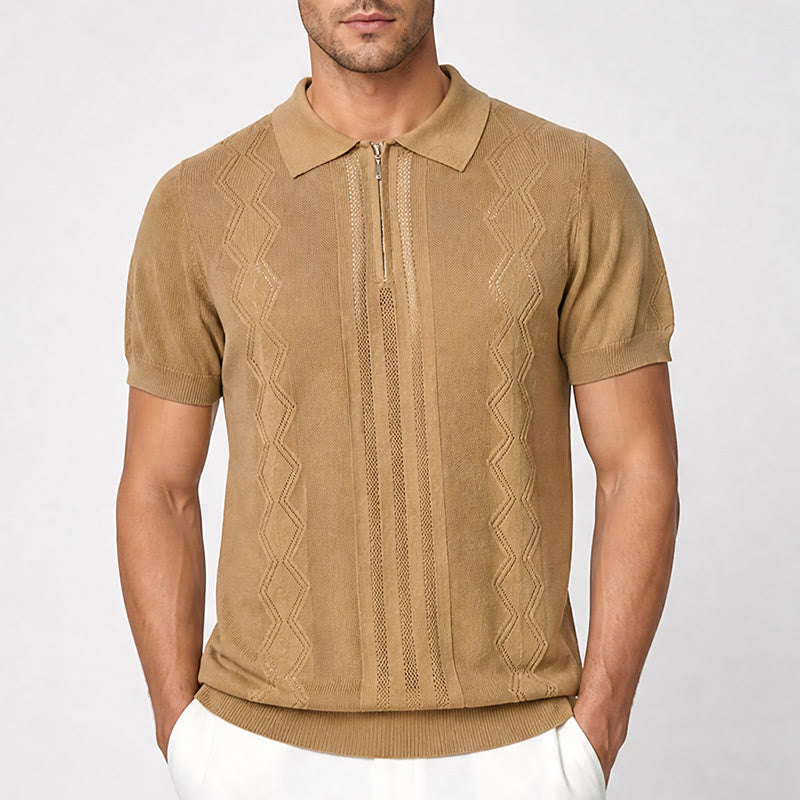 Herren-Poloshirt mit halbem Reißverschluss und kurzen Ärmeln, geometrischem Strickmuster - image 1