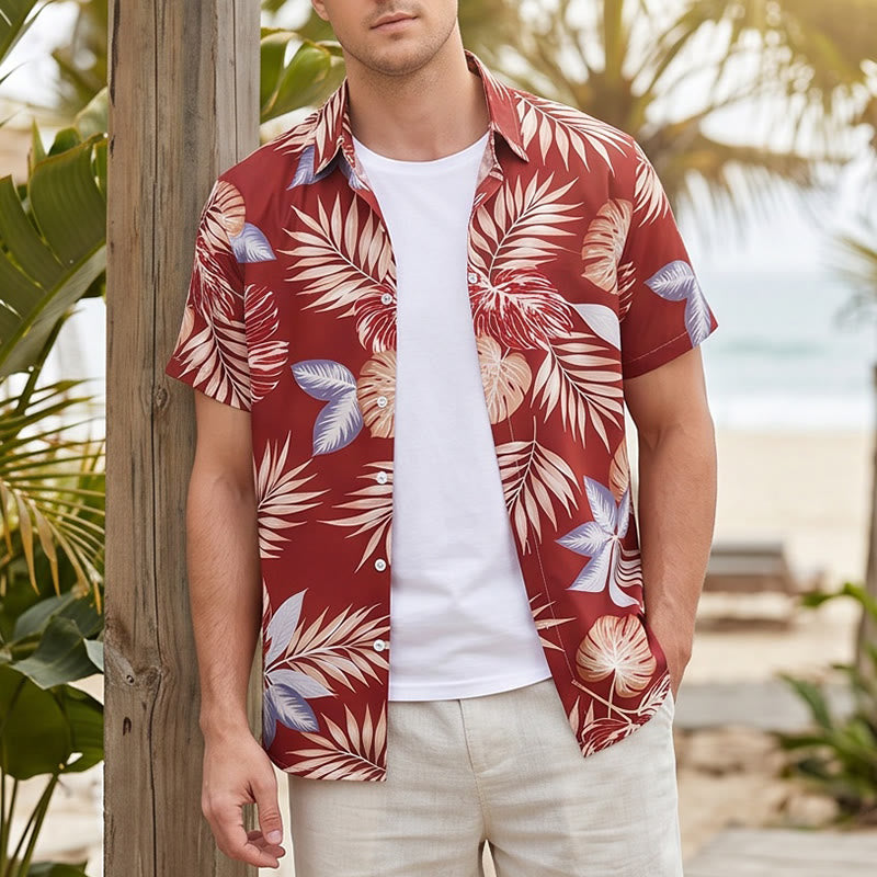 Herren Kurzarmhemd mit leuchtend rotem Tropenblattmuster - Rot - 4XL - image 0