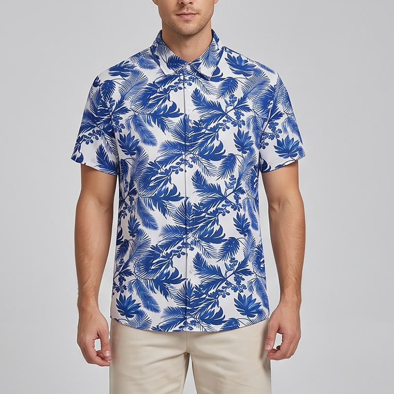 Herren-Kurzarmhemd im Hawaii-Stil mit blauem Blättermuster - image 1