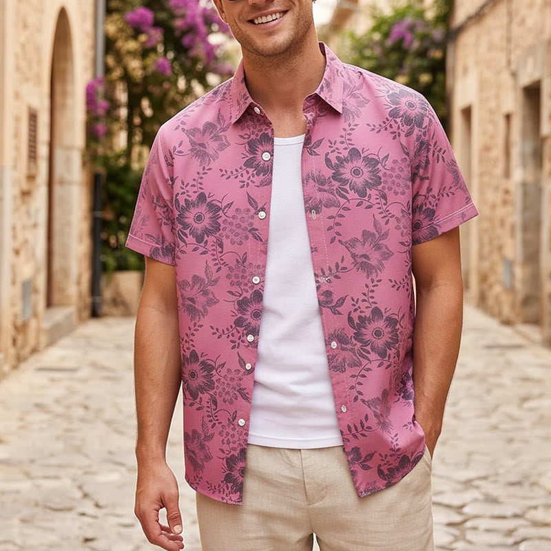Herren-Freizeithemd mit floralem Urlaubsmuster, kurzärmelig - Rosa - 5XL - image 4