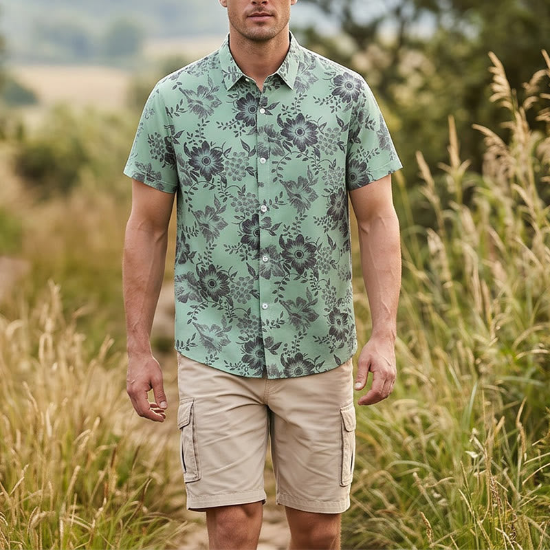 Herren-Freizeithemd mit floralem Urlaubsmuster, kurzärmelig - Grün - 5XL - image 6
