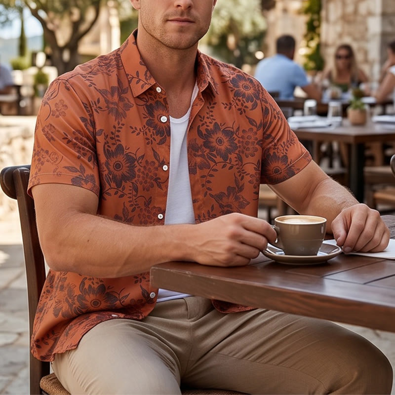 Herren-Freizeithemd mit floralem Urlaubsmuster, kurzärmelig - Orange - 5XL - image 0
