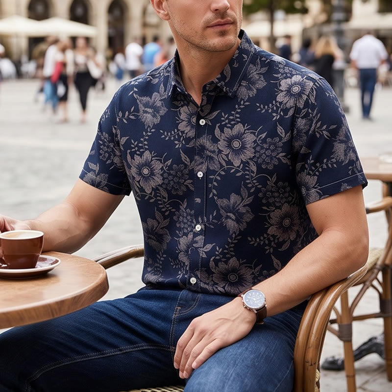 Herren-Freizeithemd mit floralem Urlaubsmuster, kurzärmelig - Schwarz - 5XL - image 7