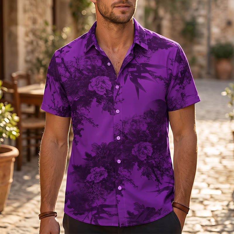 Herren Kurzarmhemd mit dunklem Blumenmuster für den Urlaub - Lila - 5XL - image 4