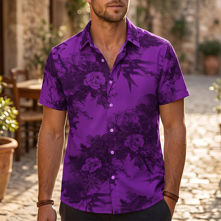 Herren Kurzarmhemd mit dunklem Blumenmuster für den Urlaub - Lila - 5XL - image 4
