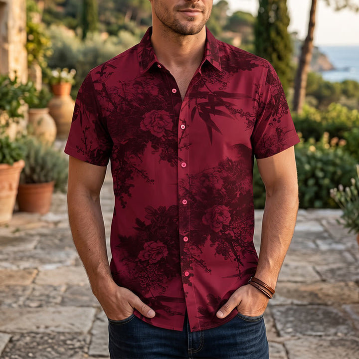 Herren Kurzarmhemd mit dunklem Blumenmuster für den Urlaub - Rot - 5XL - image 5