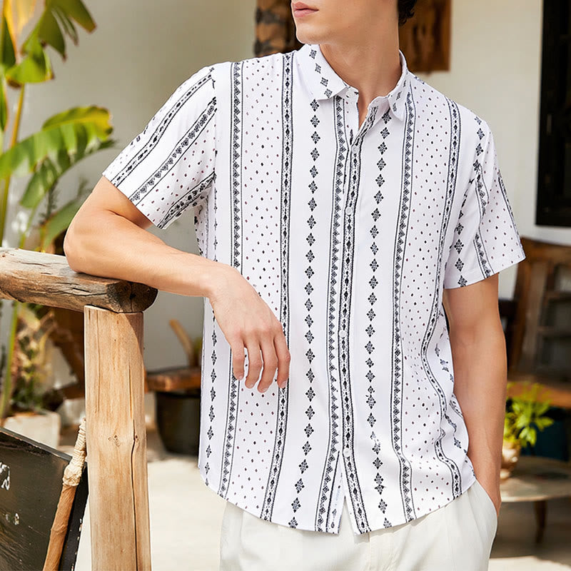 Weißes Kurzarmhemd mit ethnischem Muster im Bohème-Stil - Weiß - 5XL - image 0