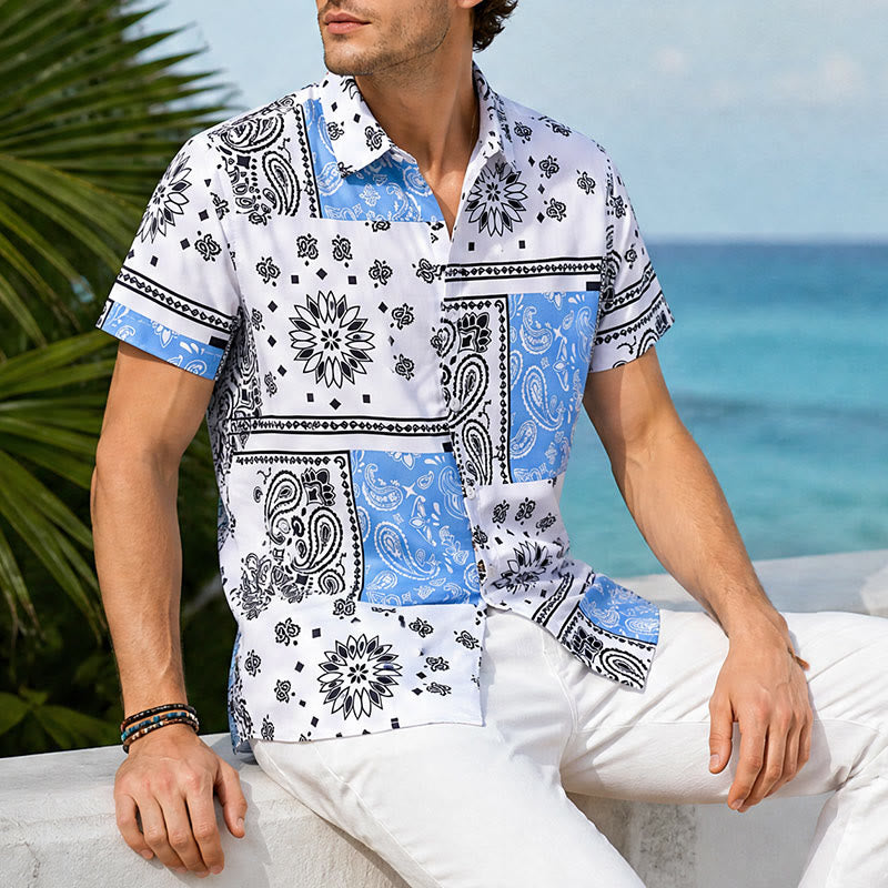 Blau-weißes Hemd mit Bandana-Patchwork und Paisley-Print - Blau & Weiß - 5XL - image 0