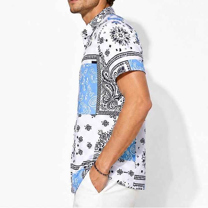 Blau-weißes Hemd mit Bandana-Patchwork und Paisley-Print - image 2