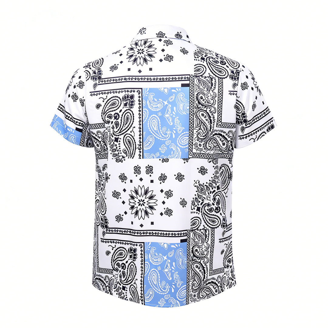 Blau-weißes Hemd mit Bandana-Patchwork und Paisley-Print - image 9