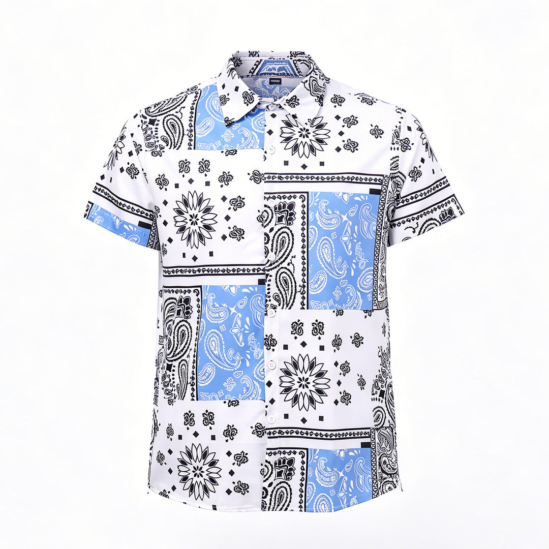 Blau-weißes Hemd mit Bandana-Patchwork und Paisley-Print - image 8