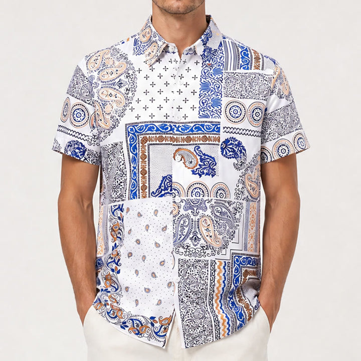 Hemd mit blauem und orangefarbenem Paisley- und geometrischem Patchwork-Print - image 1