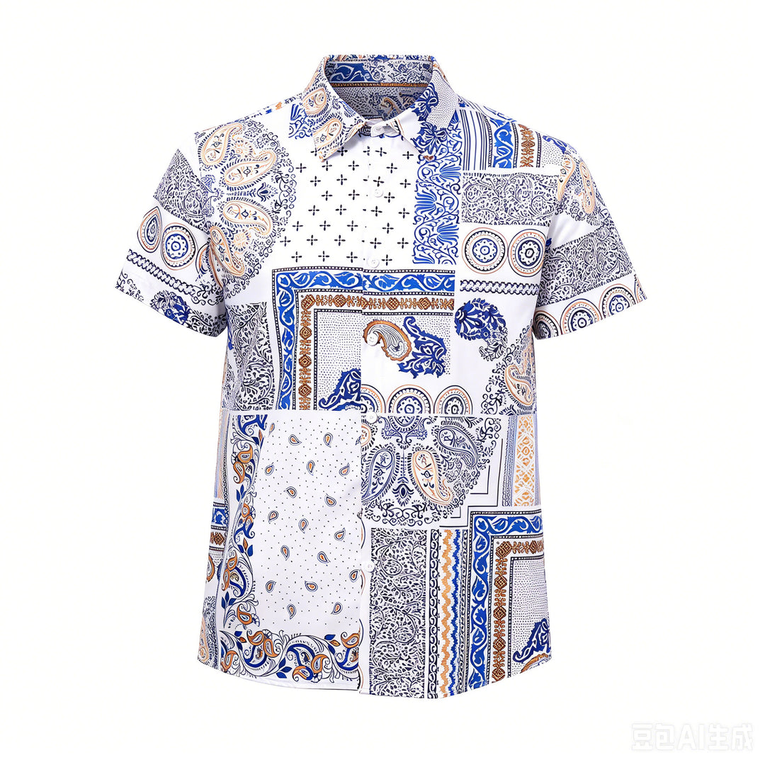 Hemd mit blauem und orangefarbenem Paisley- und geometrischem Patchwork-Print - image 8