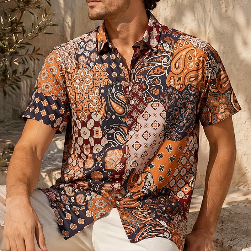 Dunkelbraunes Freizeithemd mit Patchwork-Paisley-Muster - Dunkelbraun - 5XL - image 0