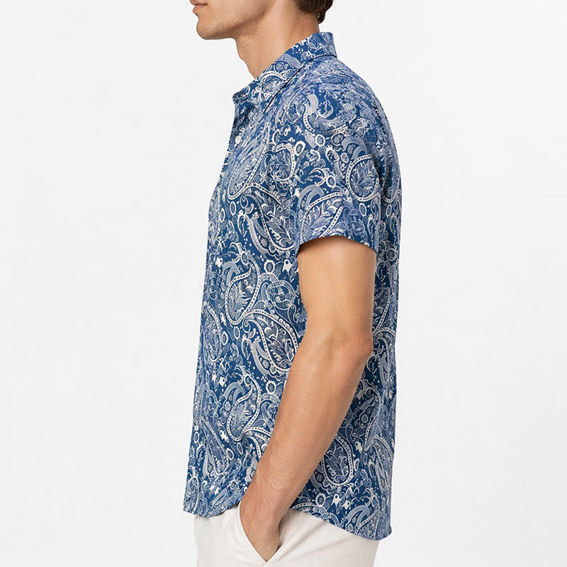 Kurzarmhemd mit lässigem Paisley-Muster in Marineblau und Beige - image 2