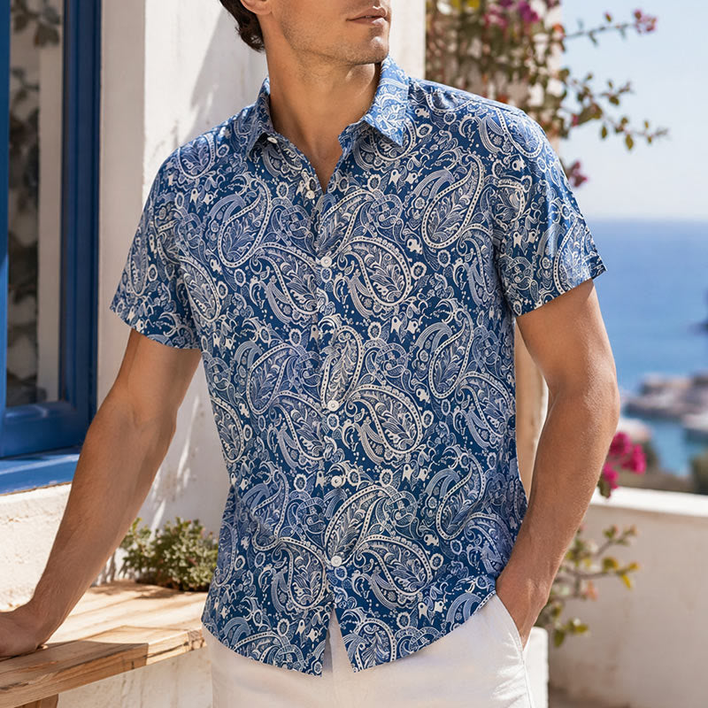 Kurzarmhemd mit lässigem Paisley-Muster in Marineblau und Beige - Marineblau und Beige - 5XL - image 0