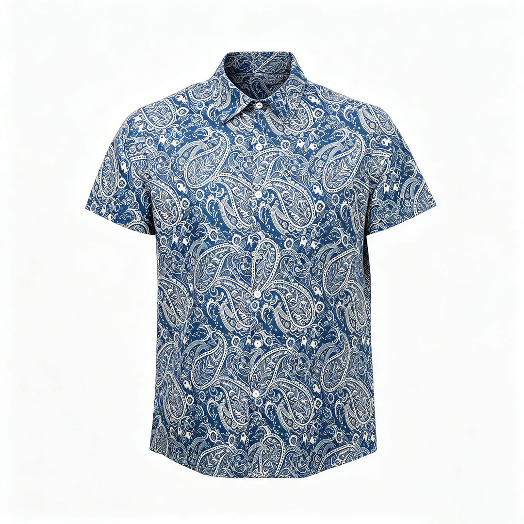 Kurzarmhemd mit lässigem Paisley-Muster in Marineblau und Beige - image 8