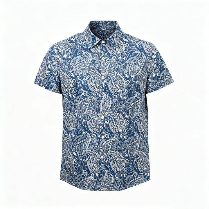 Kurzarmhemd mit lässigem Paisley-Muster in Marineblau und Beige - image 8